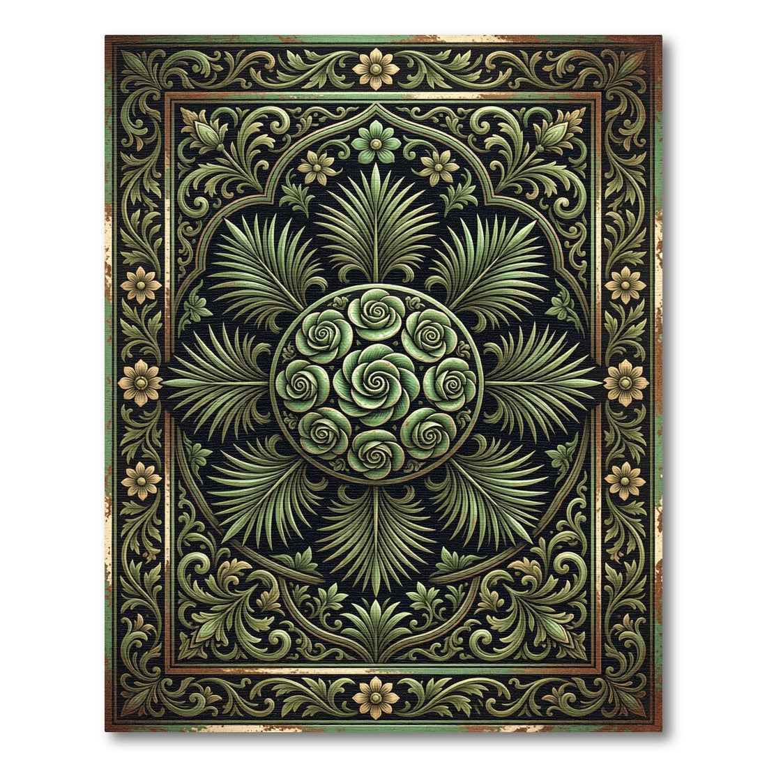 Ornate Emerald Rose Botanical Medallion Rug