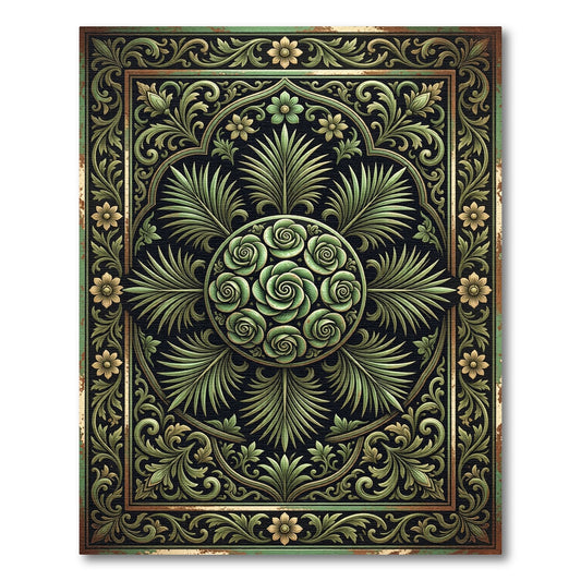 Ornate Emerald Rose Botanical Medallion Rug