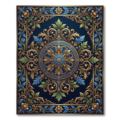 Ornate Gold Blue Floral Scrollwork Rug