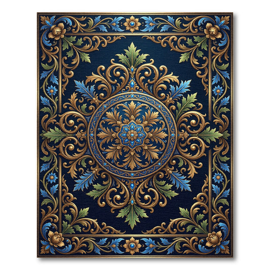 Ornate Gold Blue Floral Scrollwork Rug