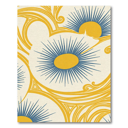 Golden Yellow Blue Sunburst Swirls Rug