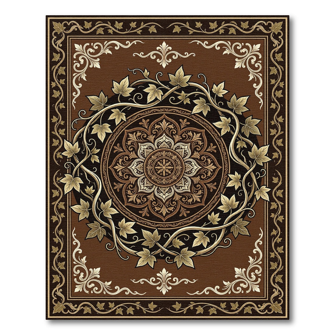 Earthy Brown Ivy Leaf Medallion Rug