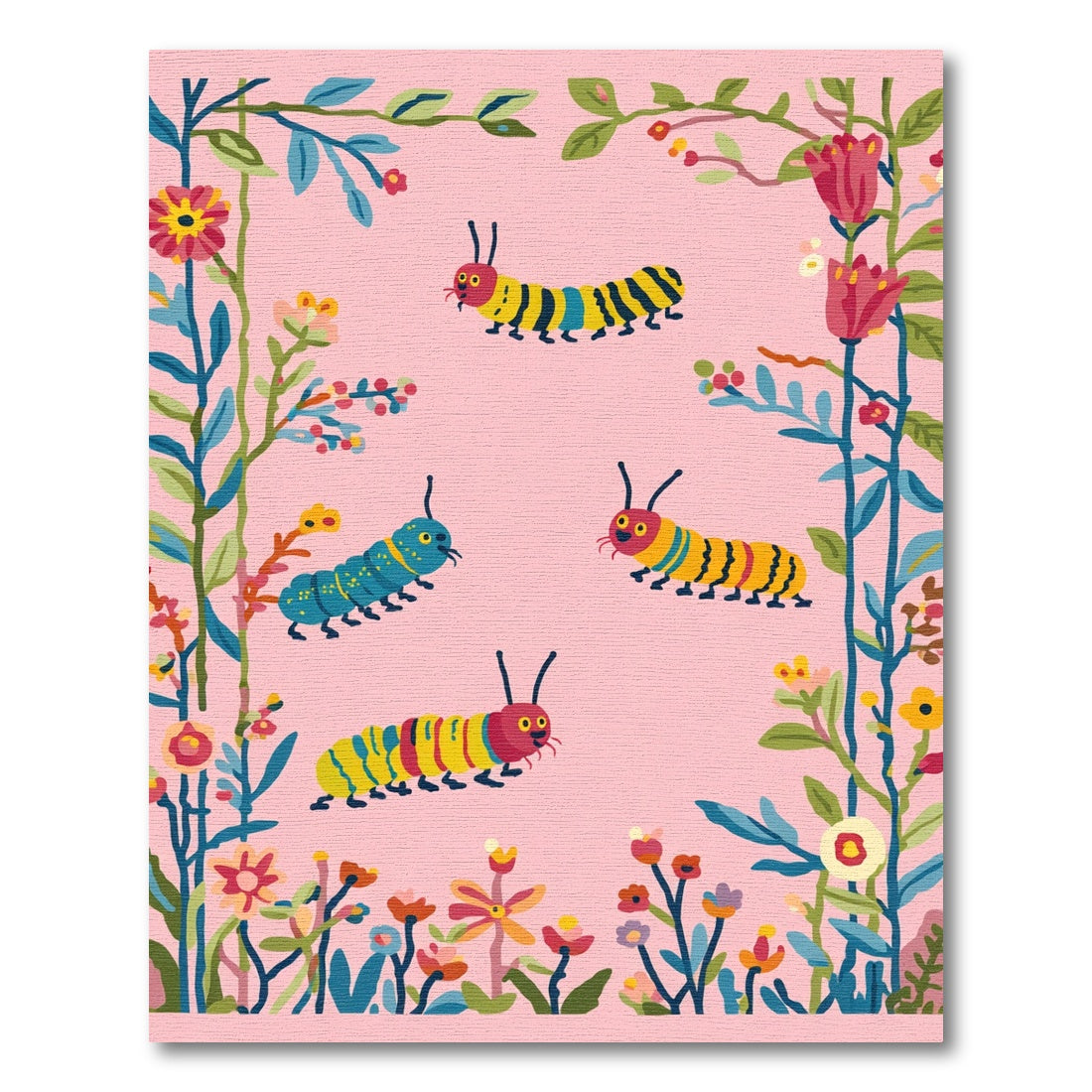 Whimsical Colorful Caterpillar Floral Border Rug
