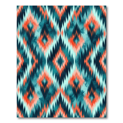 Vibrant Teal and Coral Ikat Diamond Rug