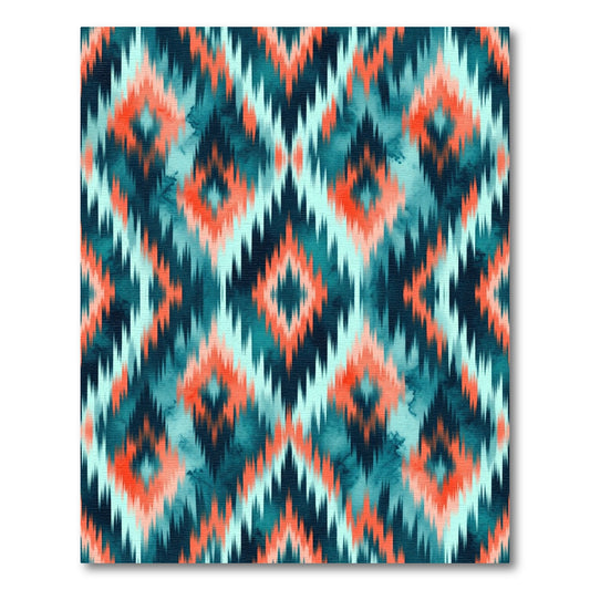 Vibrant Teal and Coral Ikat Diamond Rug