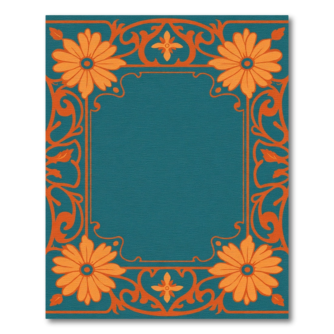 Teal Orange Floral Scrollwork Frame Rug