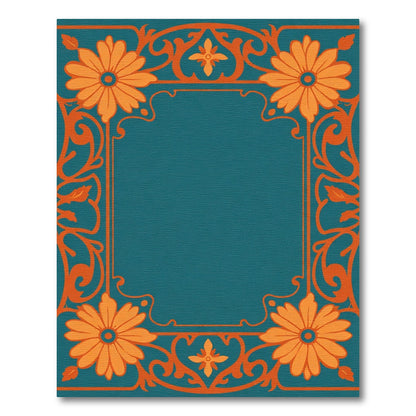 Teal Orange Floral Scrollwork Frame Rug