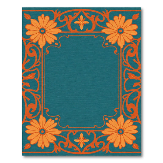 Teal Orange Floral Scrollwork Frame Rug