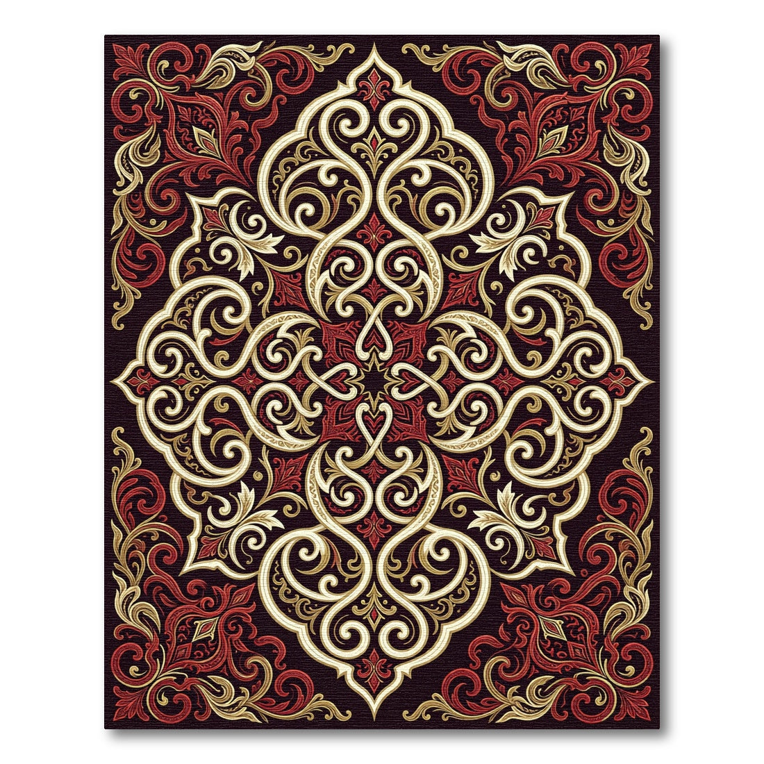 Ornate Red Gold Scrollwork Mandala Rug