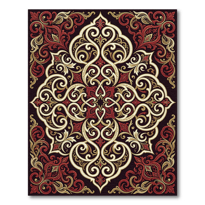 Ornate Red Gold Scrollwork Mandala Rug