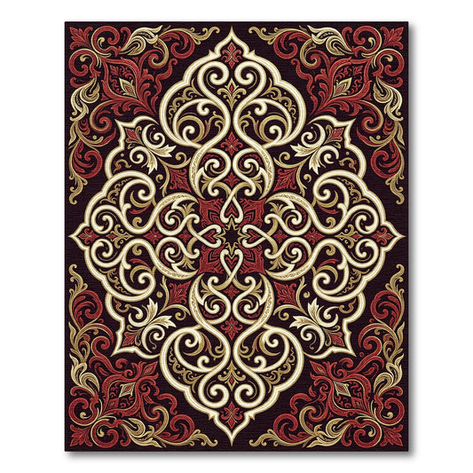 Ornate Red Gold Scrollwork Mandala Rug
