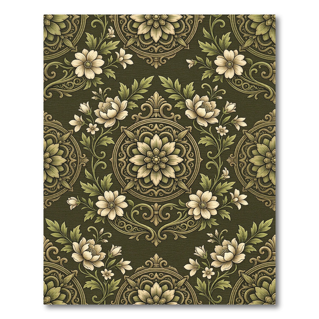 Elegant Olive Green Floral Medallion Rug