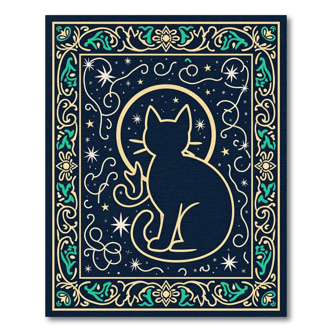 Midnight Celestial Cat With Whimsical Border Rug