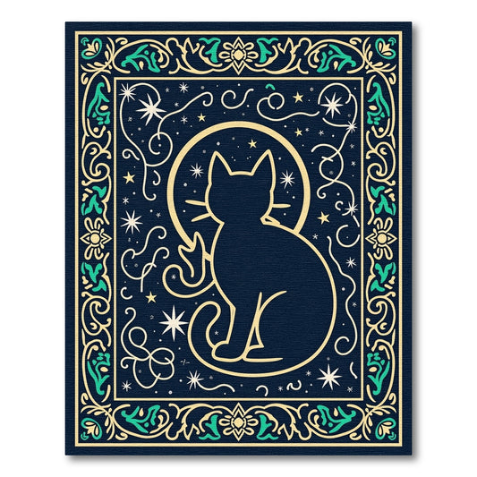 Midnight Celestial Cat With Whimsical Border Rug