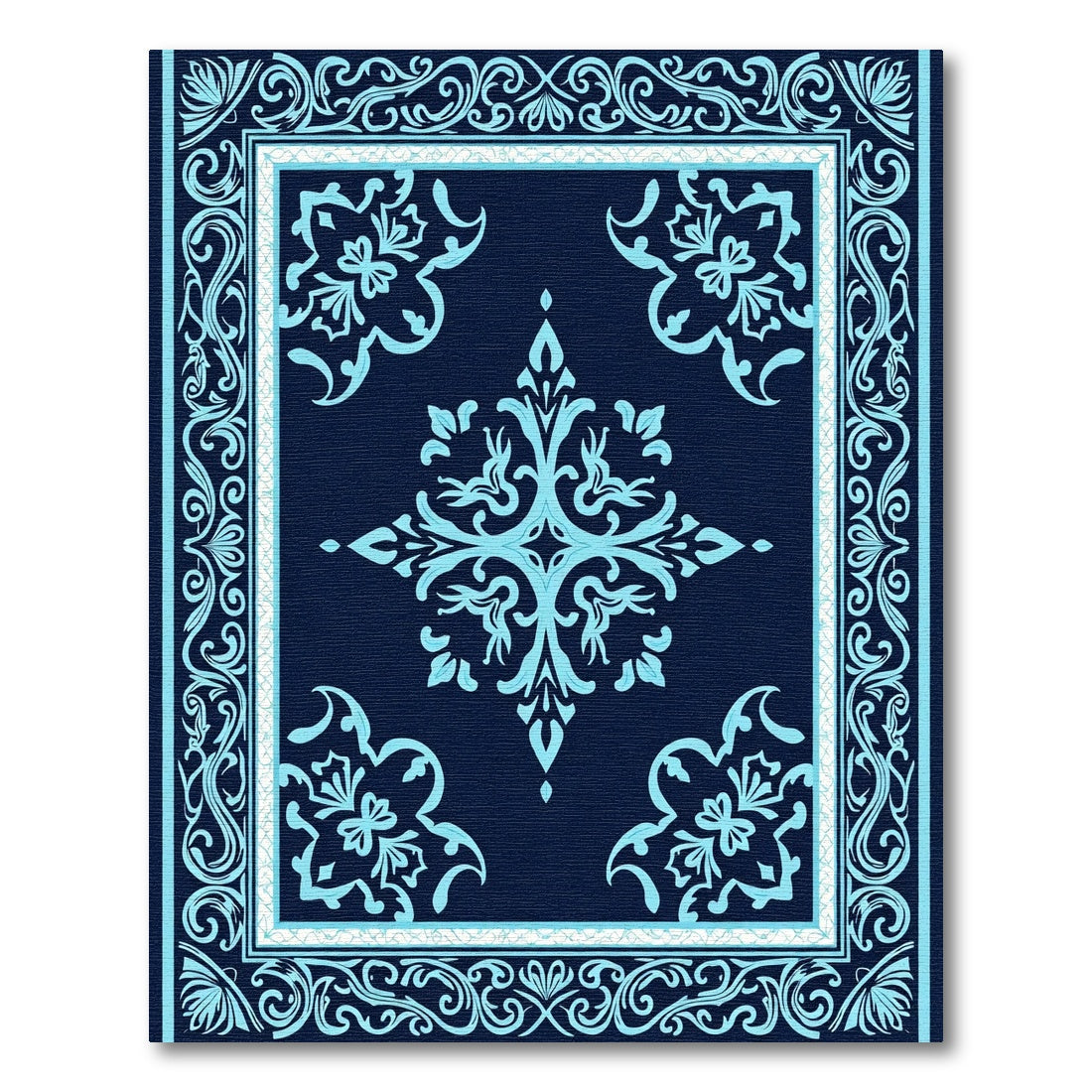 Navy Blue Light Blue Floral Medallion Rug