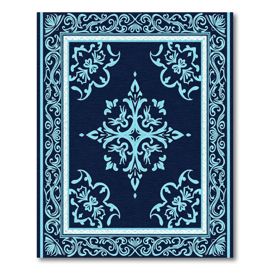 Navy Blue Light Blue Floral Medallion Rug