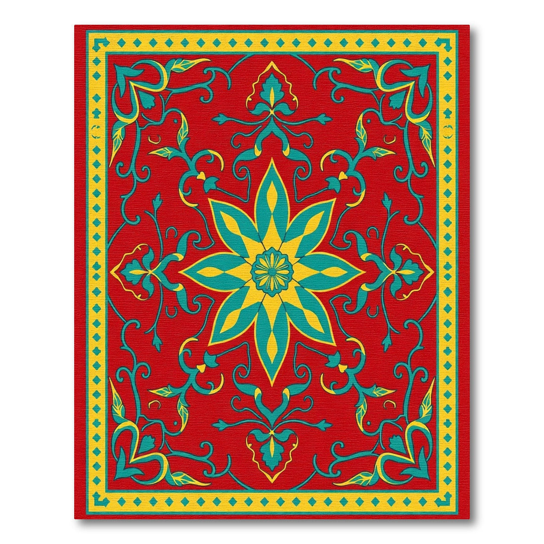Crimson Teal Golden Floral Medallion Rug
