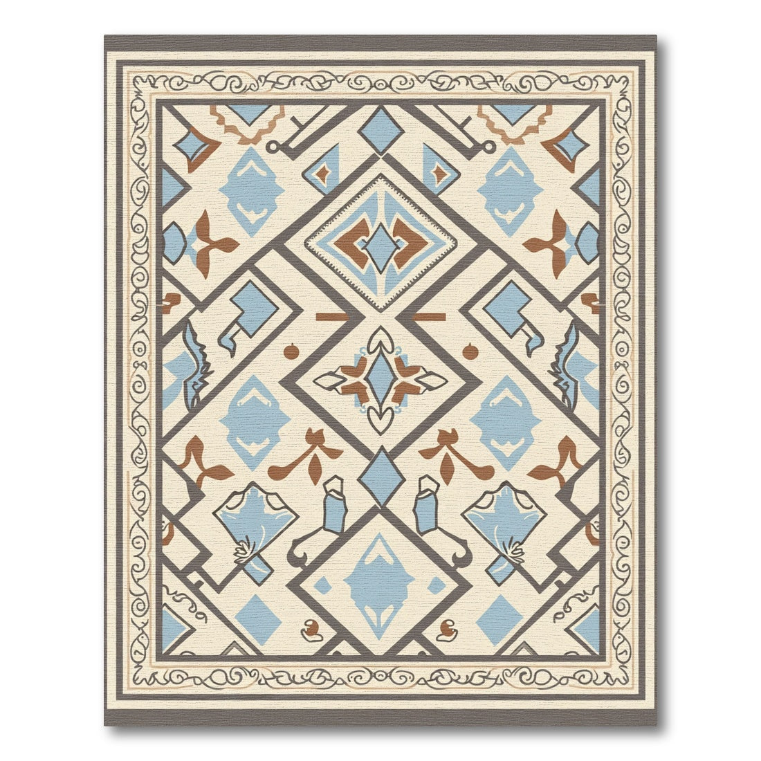 Cream Blue Brown Geometric Symmetry Rug