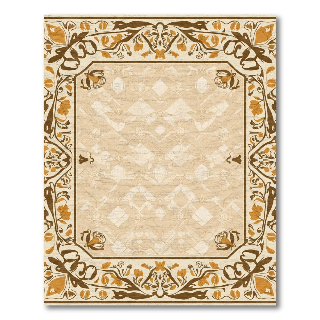 Ornate Ochre Floral Border Frame Rug