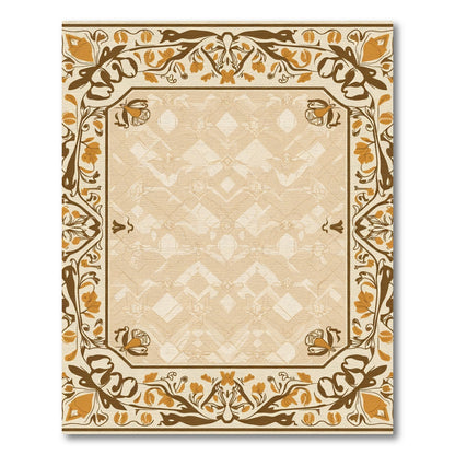 Ornate Ochre Floral Border Frame Rug