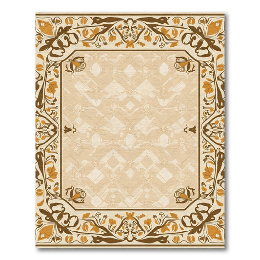 Ornate Ochre Floral Border Frame Rug