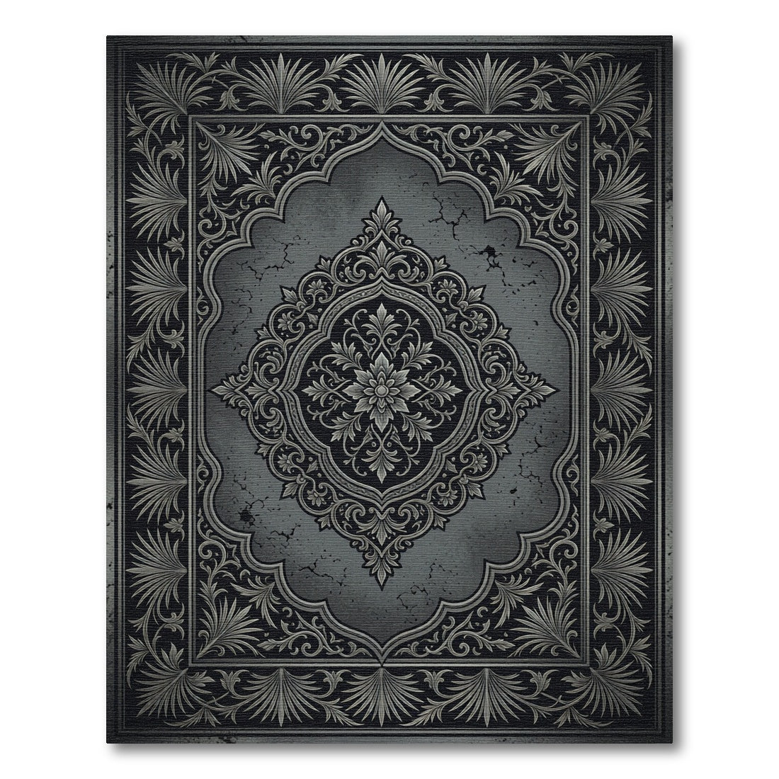Ornate Charcoal Damask Floral Medallion Rug