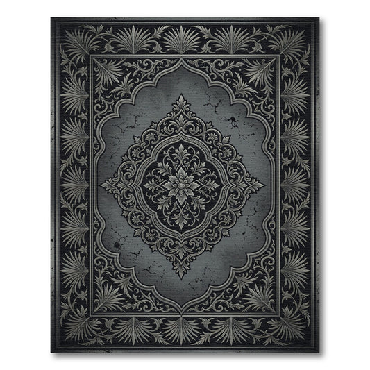 Ornate Charcoal Damask Floral Medallion Rug