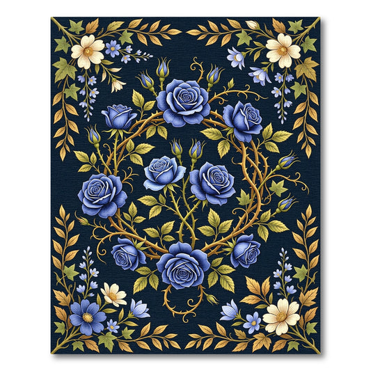 Deep Blue Rose Garland Floral Rug