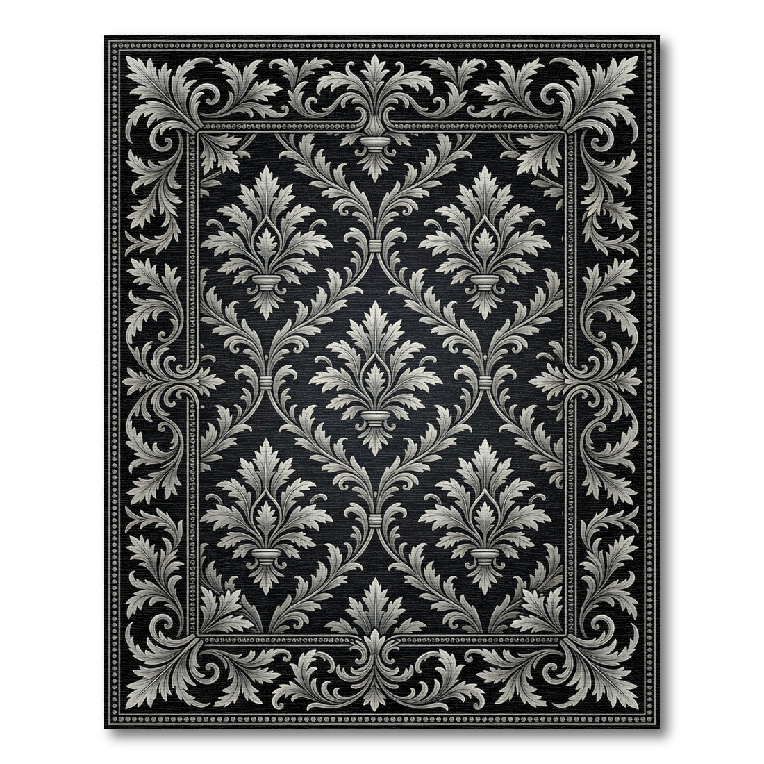 Elaborate Silver Scrollwork Damask Black Rug