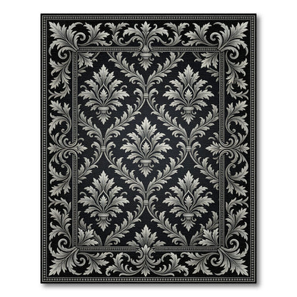 Elaborate Silver Scrollwork Damask Black Rug