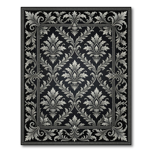 Elaborate Silver Scrollwork Damask Black Rug