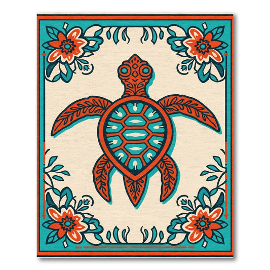 Orange Teal Turtle Floral Border Rug