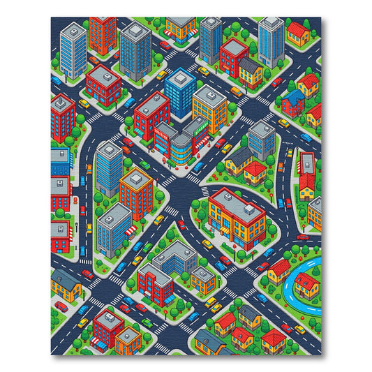 Vibrant Isometric Cityscape Pattern Rug