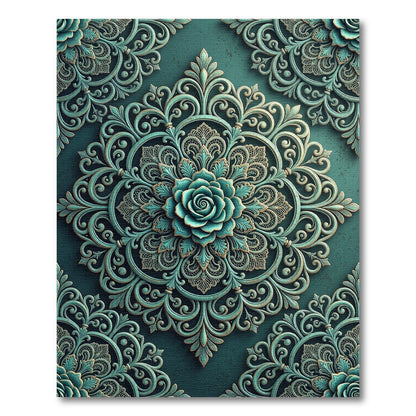 Ornate Teal Rose Damask Medallion Rug