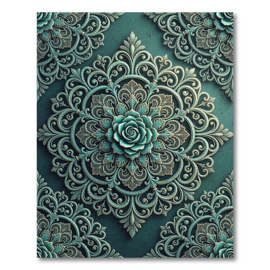 Ornate Teal Rose Damask Medallion Rug