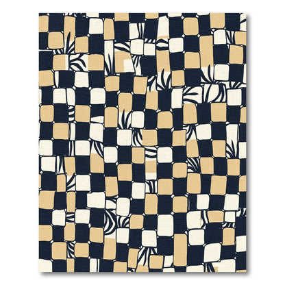 Checkerboard Abstract Black Tan Strokes Rug