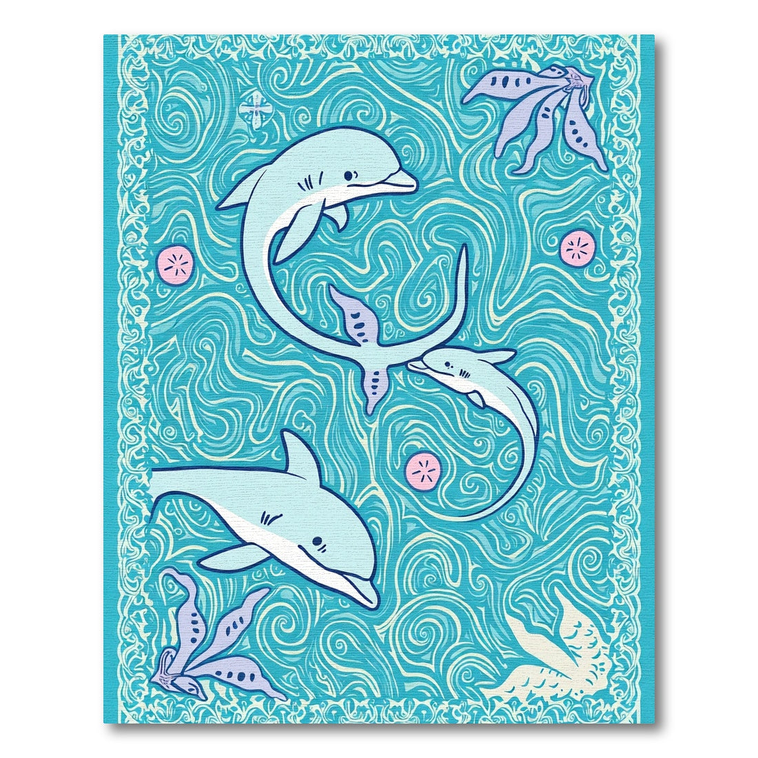 Playful Aqua Dolphins Swirling Ocean Life Rug