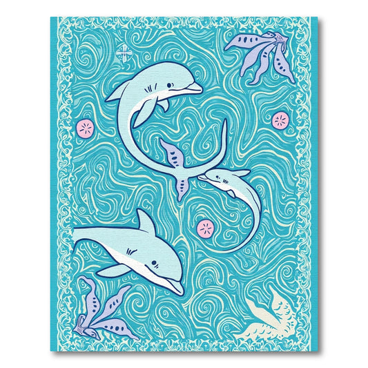Playful Aqua Dolphins Swirling Ocean Life Rug