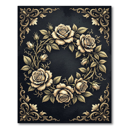 Vintage Gold Rose Wreath Border Rug