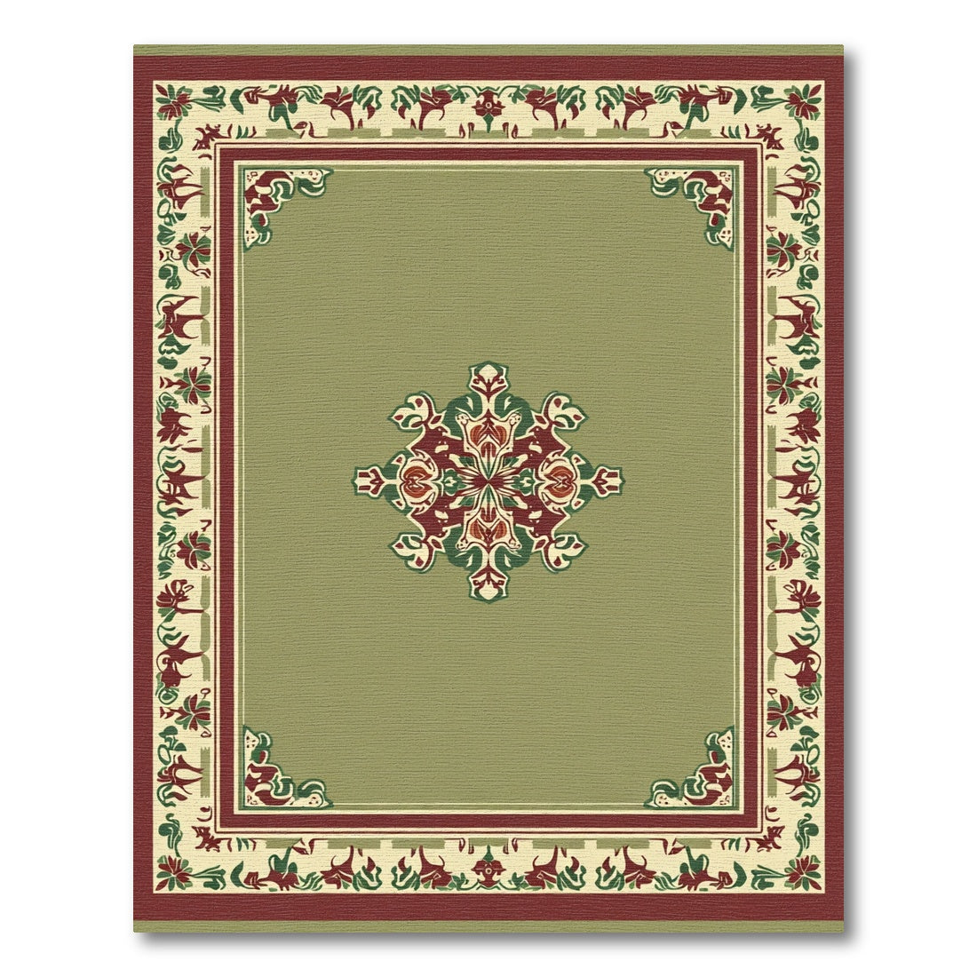 Sage Green Crimson Floral Medallion Rug