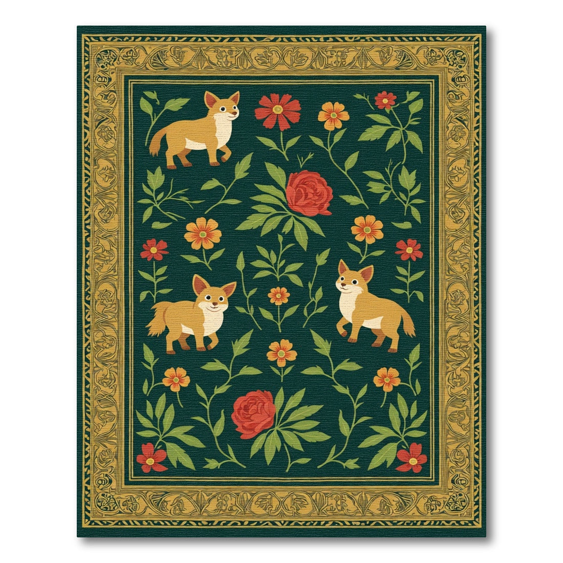 Golden Floral Corgi Garden Emerald Rug