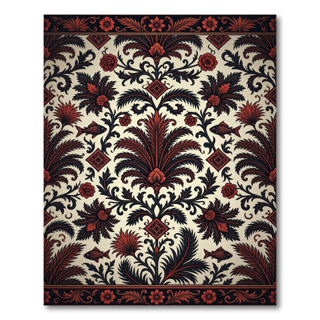 Black and Crimson Botanical Fish Medallion Rug