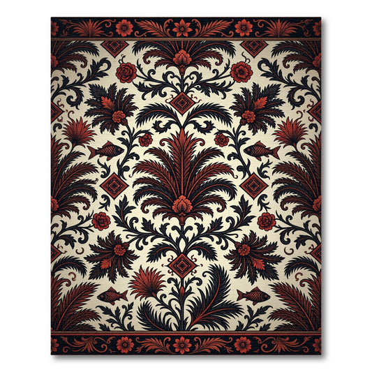 Black and Crimson Botanical Fish Medallion Rug