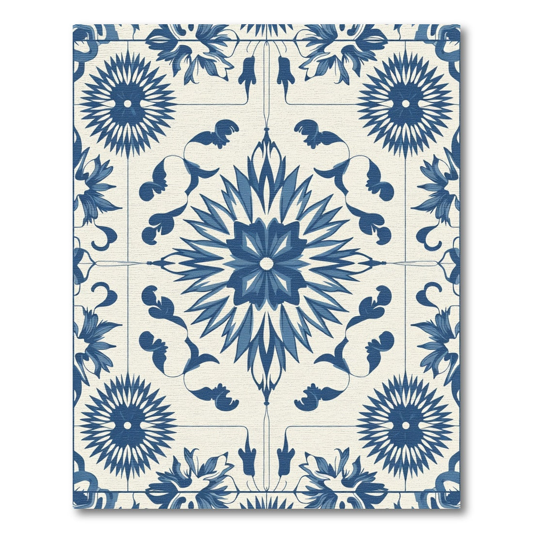 Blue White Floral Medallion Repeating Pattern Rug