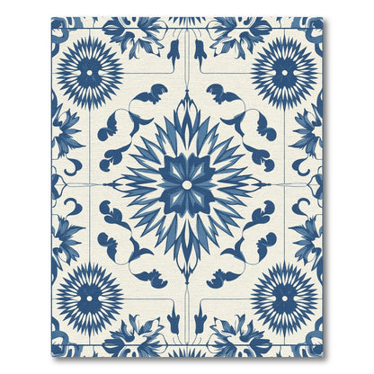 Blue White Floral Medallion Repeating Pattern Rug