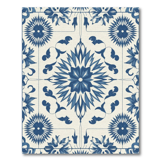 Blue White Floral Medallion Repeating Pattern Rug
