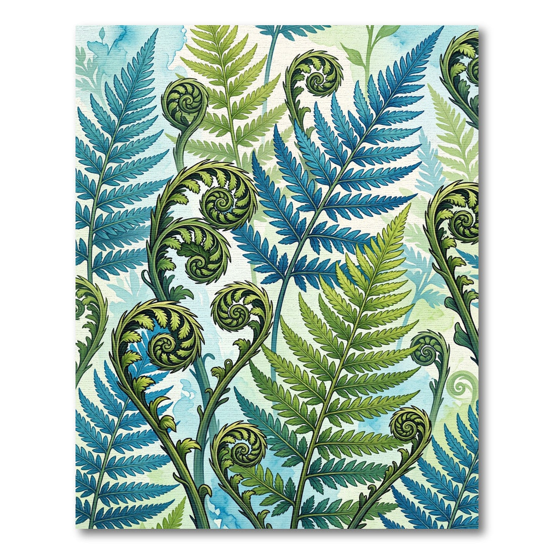 Lush Blue and Green Fern Fronds Rug
