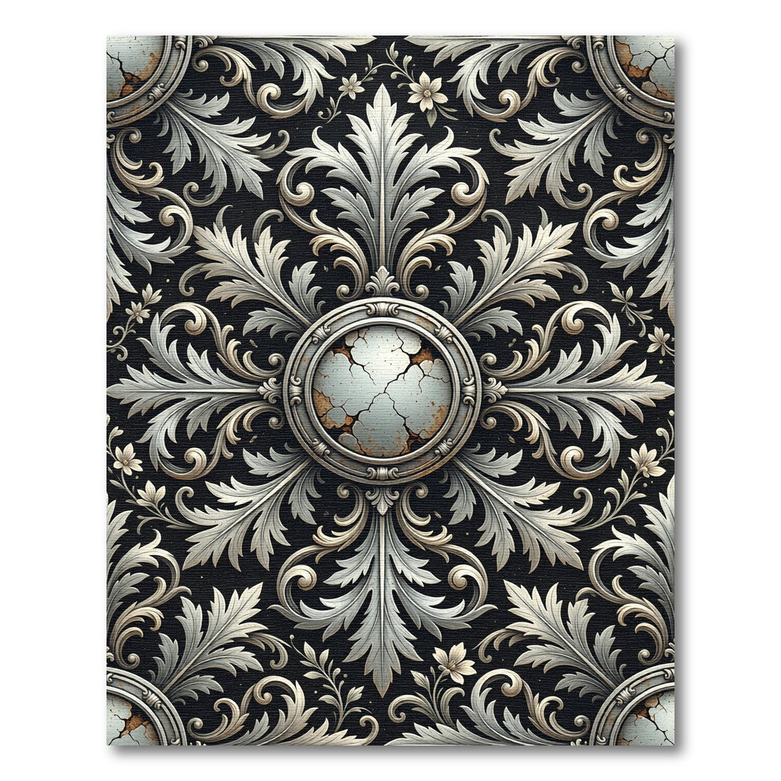 Ornate Aged Silver Floral Medallion Rug