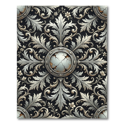 Ornate Aged Silver Floral Medallion Rug