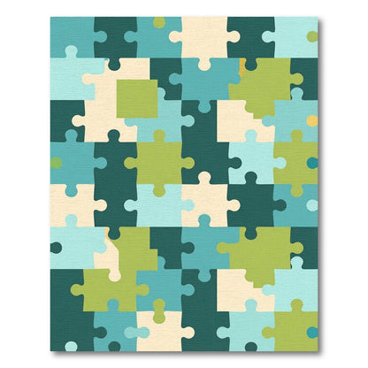 Geometric Teal and Lime Puzzle Block Rug